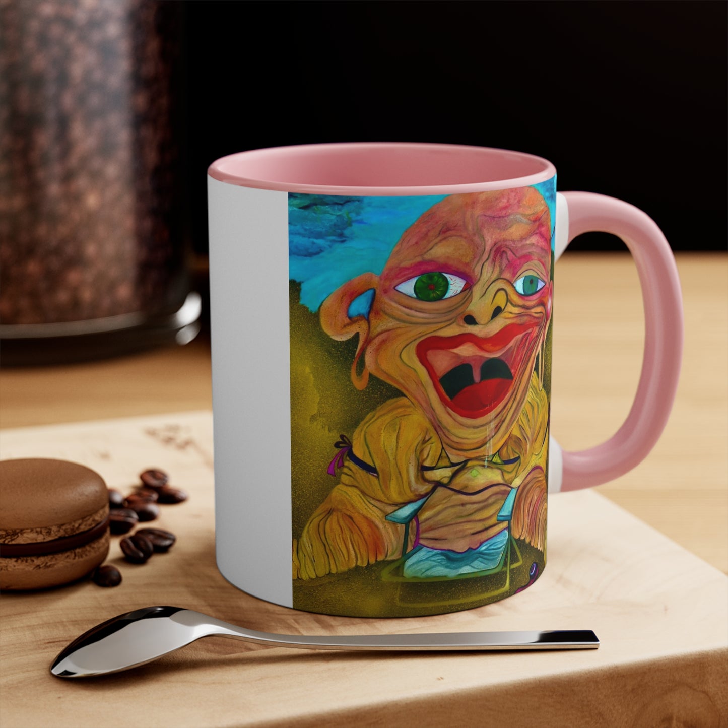 Unique colorful coffee mug with whimsical design, great for friends or family.