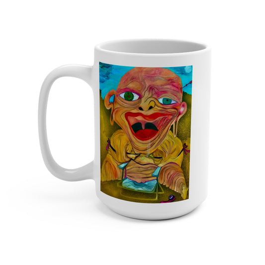 Colorful whimsical 15oz ceramic art mug with quirky design, ideal for coffee or tea lovers.