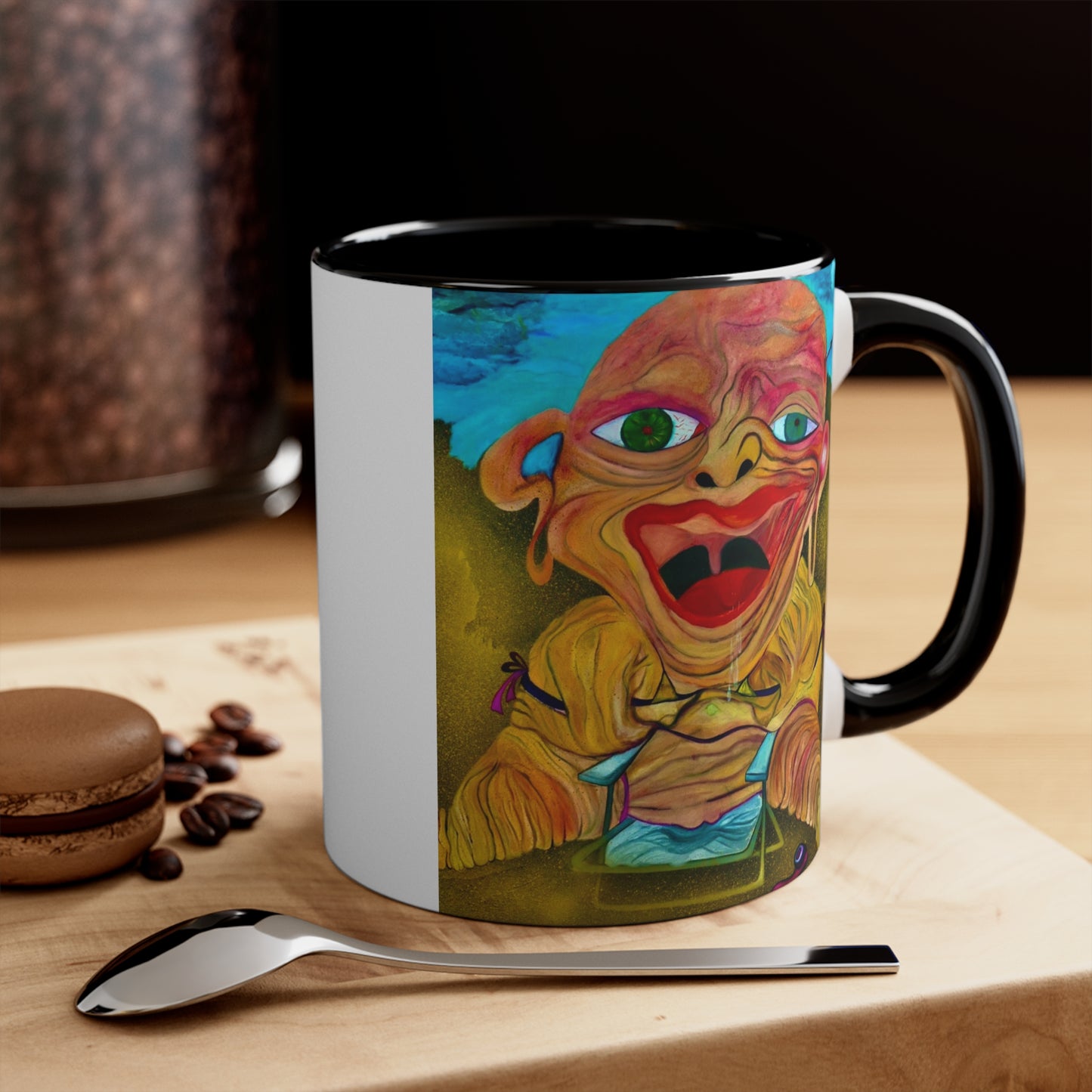 Fun whimsical mug with artistic design, 11oz coffee cup for kitchen décor.