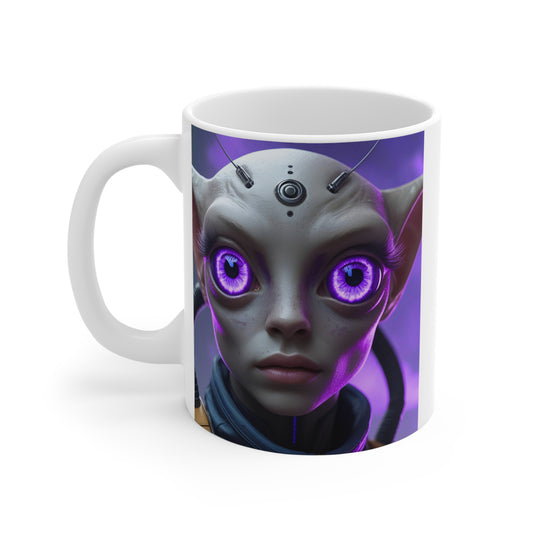 Alien Art Mug, Unique Coffee Mug, Sci-Fi Gift, Fantasy Mug, Cat Lover Gift, Cosmic Character Mug