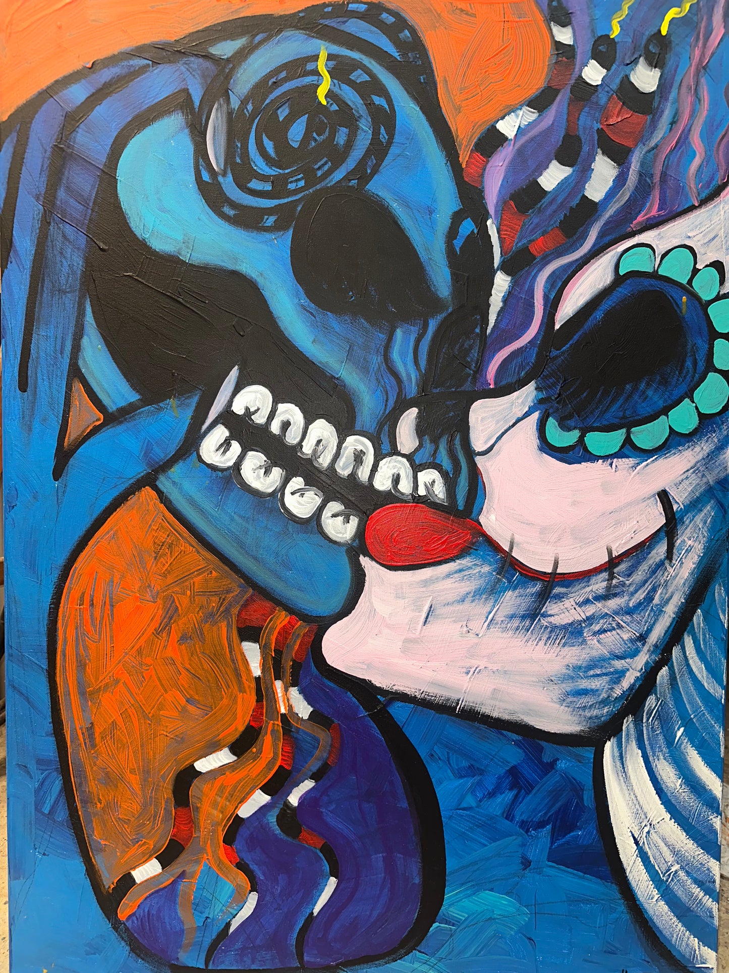 Surrealist Painting of Mexican Catrina with Skull and Snakes – Symbolic Couple and Mystical Artwork for Modern Interiors