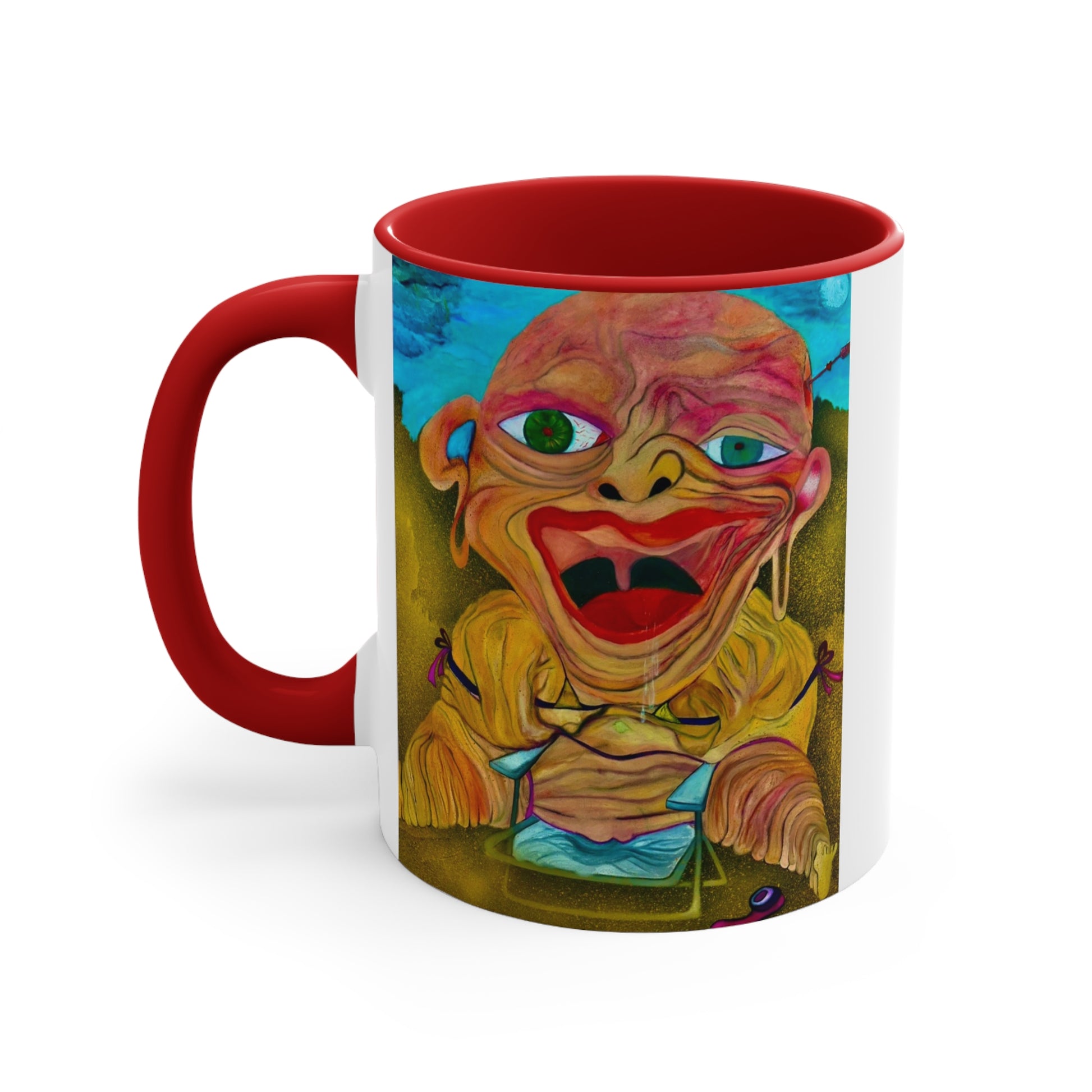 Colorful ceramic coffee cup with playful design, ideal for birthdays and gatherings.