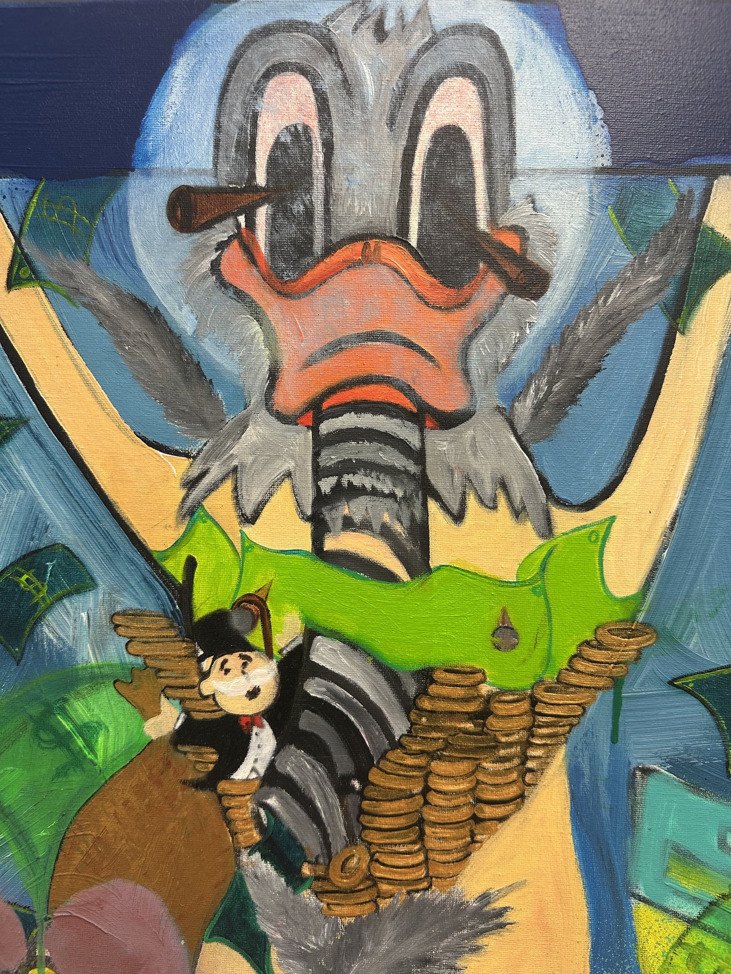 Donald Duck Oil and Acrylic Spray Painting on Canvas 90x60cm – Monopoly Style Artwork
