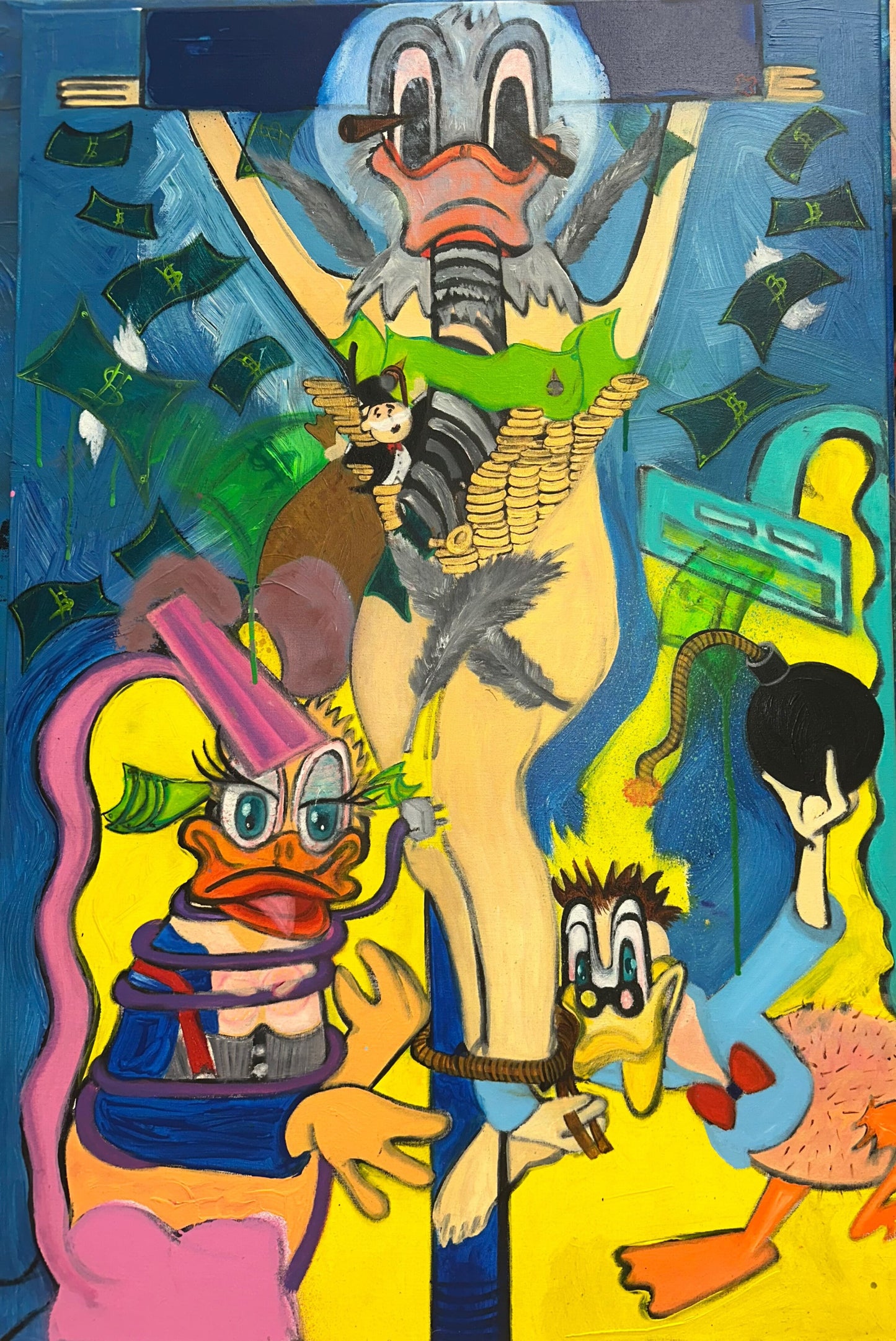 Donald Duck Oil and Acrylic Spray Painting on Canvas 90x60cm – Monopoly Style Artwork