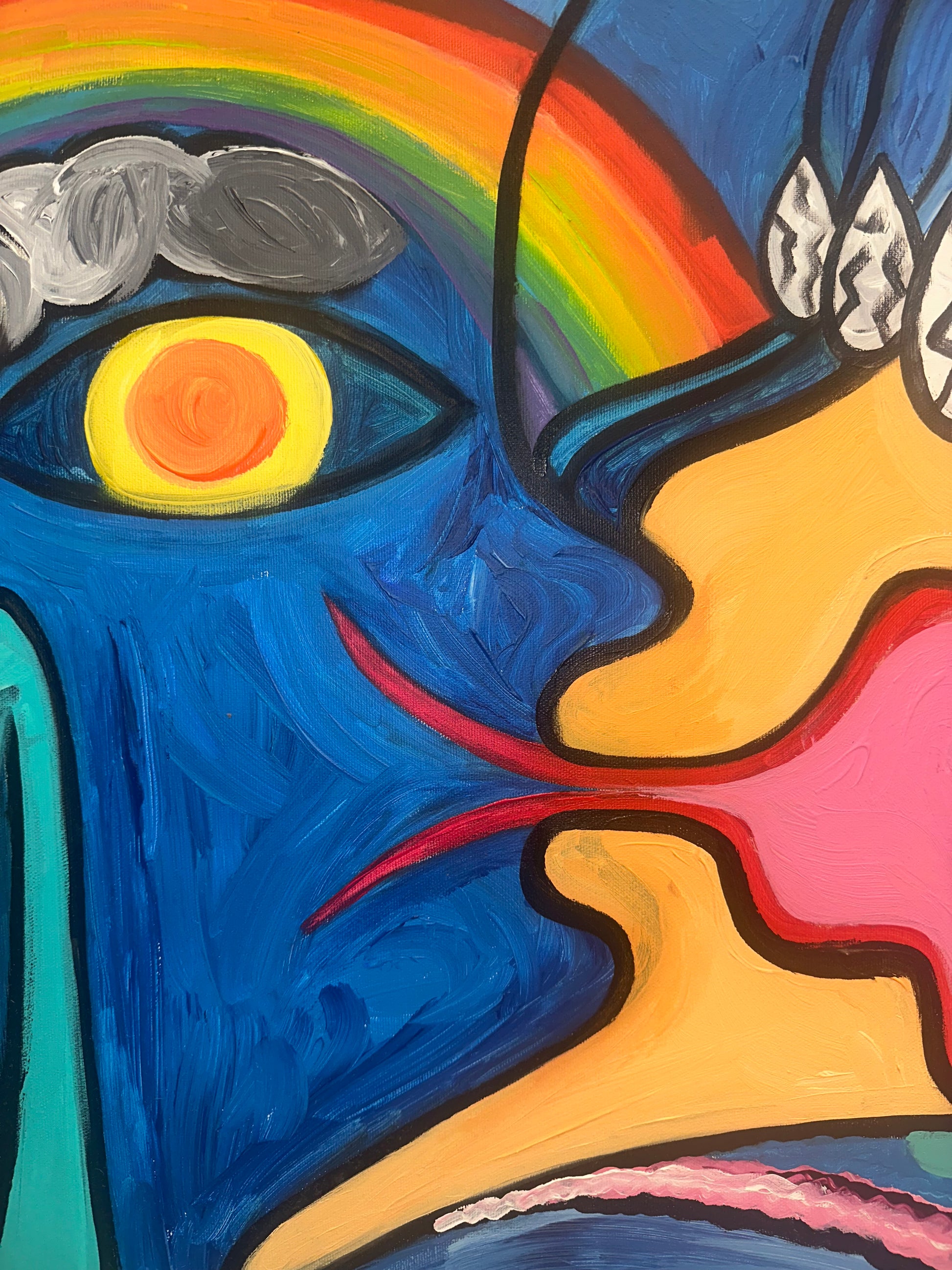 Surrealist acrylic painting on canvas ‘The Time Came to Marry the Sky’, perfect for a living room or studio.